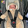 baby, car_seat, pacifier, onesie, infant, child, seatbelt, fuzzy_clothing, hood, cute, straps, safety, indoor, toddler, adorable, expression, small, person, wearing, clothing