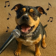 Chevy joined the competition — help win amazing prizes! dog, microphone, musical_notes, chain_collar, carpet, happy, pet, animal, singing, cute, indoor, brown, black, tan, smiling, front_paws, close_up, playful, entertaining, fun