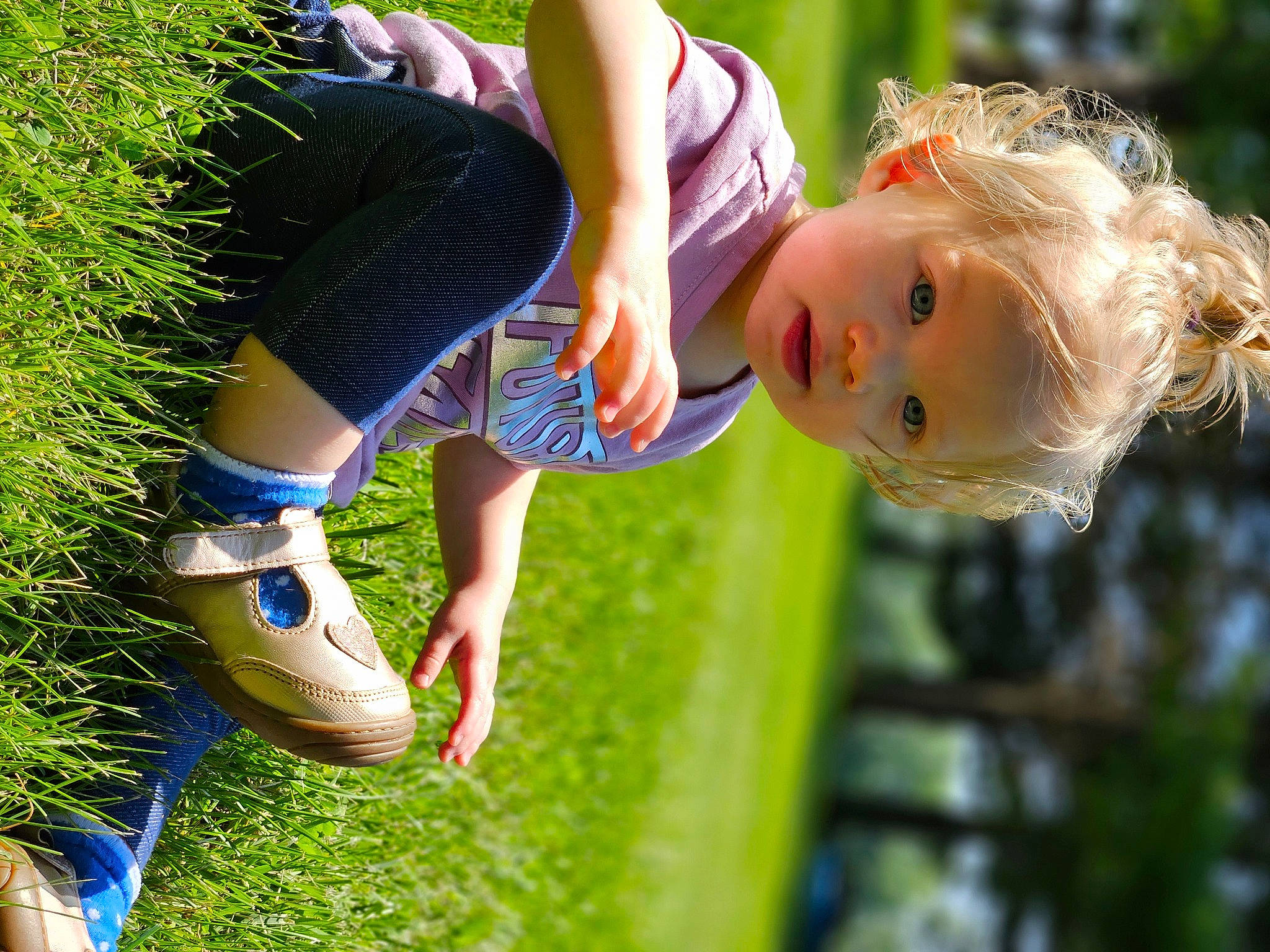 Sadie is registered to the contest to win money with this photo: dress, electric_blue, fun, grass, grass_family, happy, human_leg, joint, knee, lawn, leisure, people_in_nature, person, plant, recreation, shorts, summer, sunlight, thigh, toddler