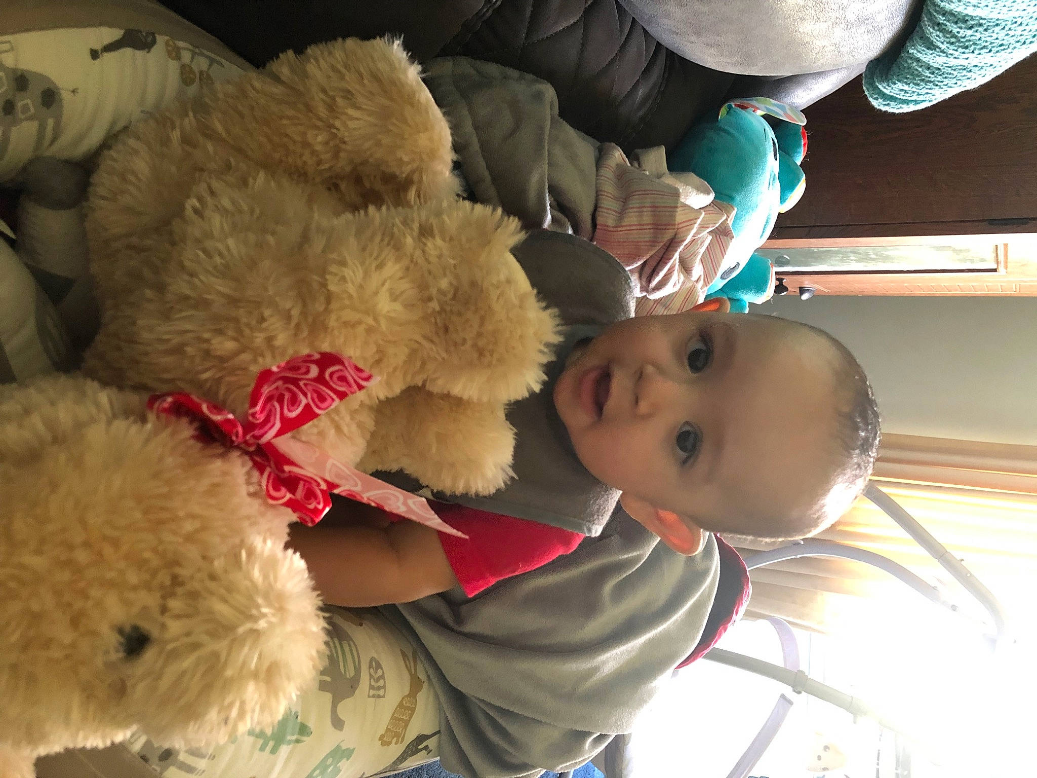 Dominick is registered to the contest to win money with this photo: baby, baby_sleeping, child, comfort, companion_dog, dog_breed, fun, fur, happy, nose, person, plush, room, stuffed_toy, teddy_bear, toddler, toy, white, wool