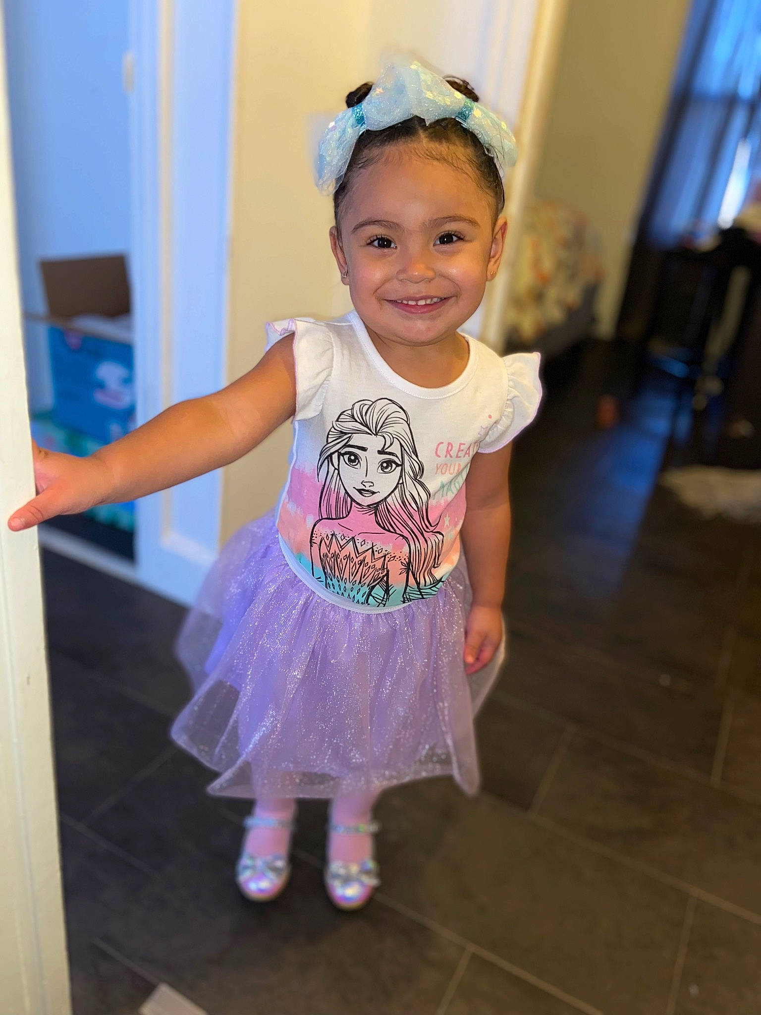 Kaylianis Tiburcio is registered to the contest to win money with this photo: baby_toddler_clothing, child, costume, electric_blue, event, eye, fashion_accessory, flooring, fun, hair_accessory, happy, head, joy, magenta, pattern, person, purple, sleeve, smile, sunglasses