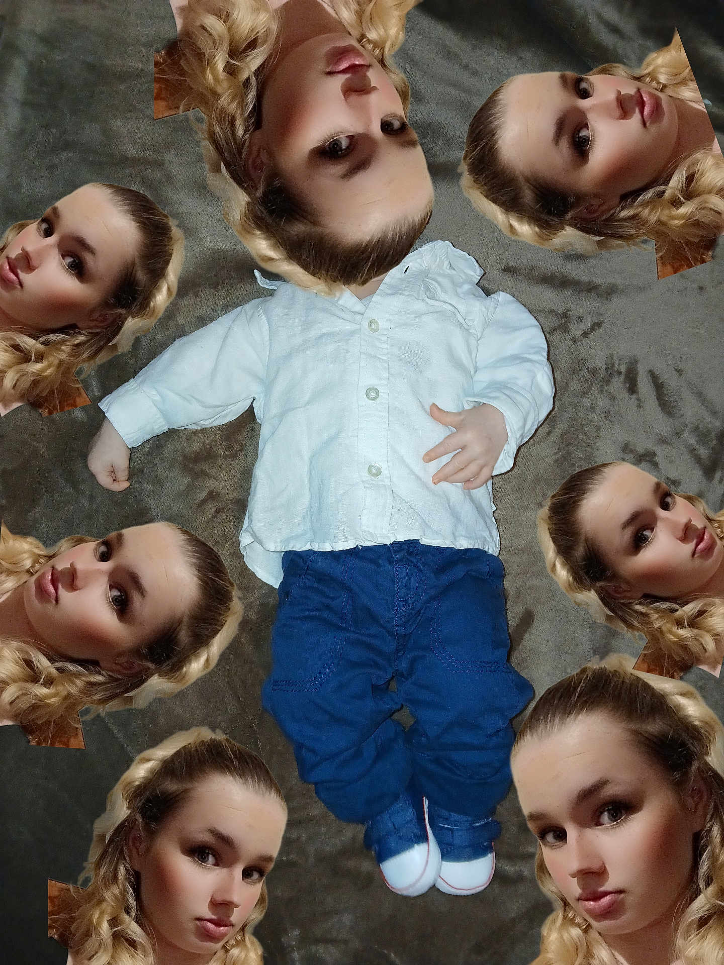 Maëlan participe au concours pour gagner de l'argent avec cette photo : child, baby, white_shirt, blue_pants, lying_down, multiple_faces, blonde_hair, curly_hair, portrait, collage, surreal, indoor, fabric_background, face, head, person, photography, expression, skin, casual_clothing