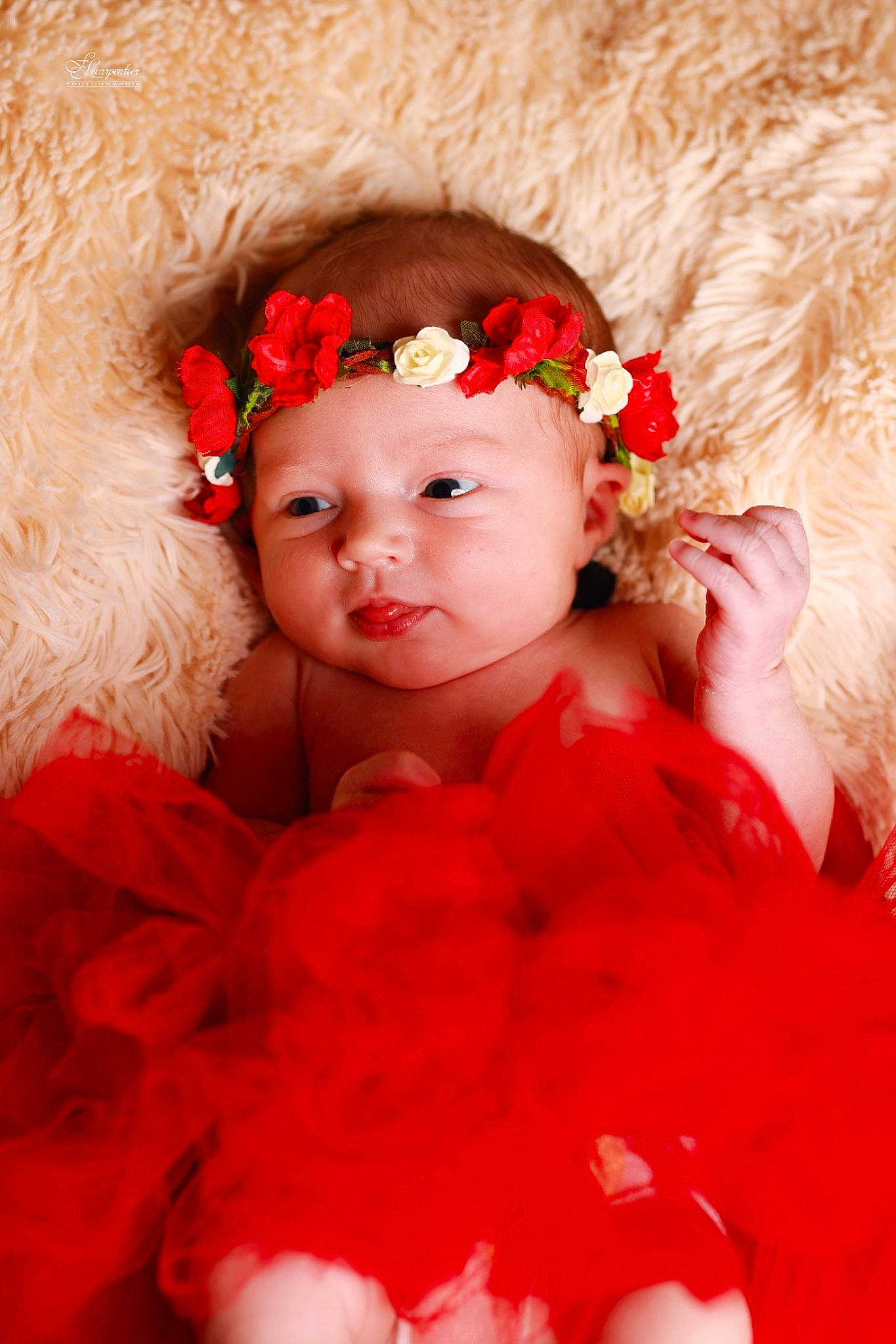 Mia participe au concours pour gagner de l'argent avec cette photo : baby, baby_toddler_clothing, chin, eye, flash_photography, flower, hair, hat, head, headgear, headpiece, headwear, human_body, iris, lip, people, person, petal, pink, skin