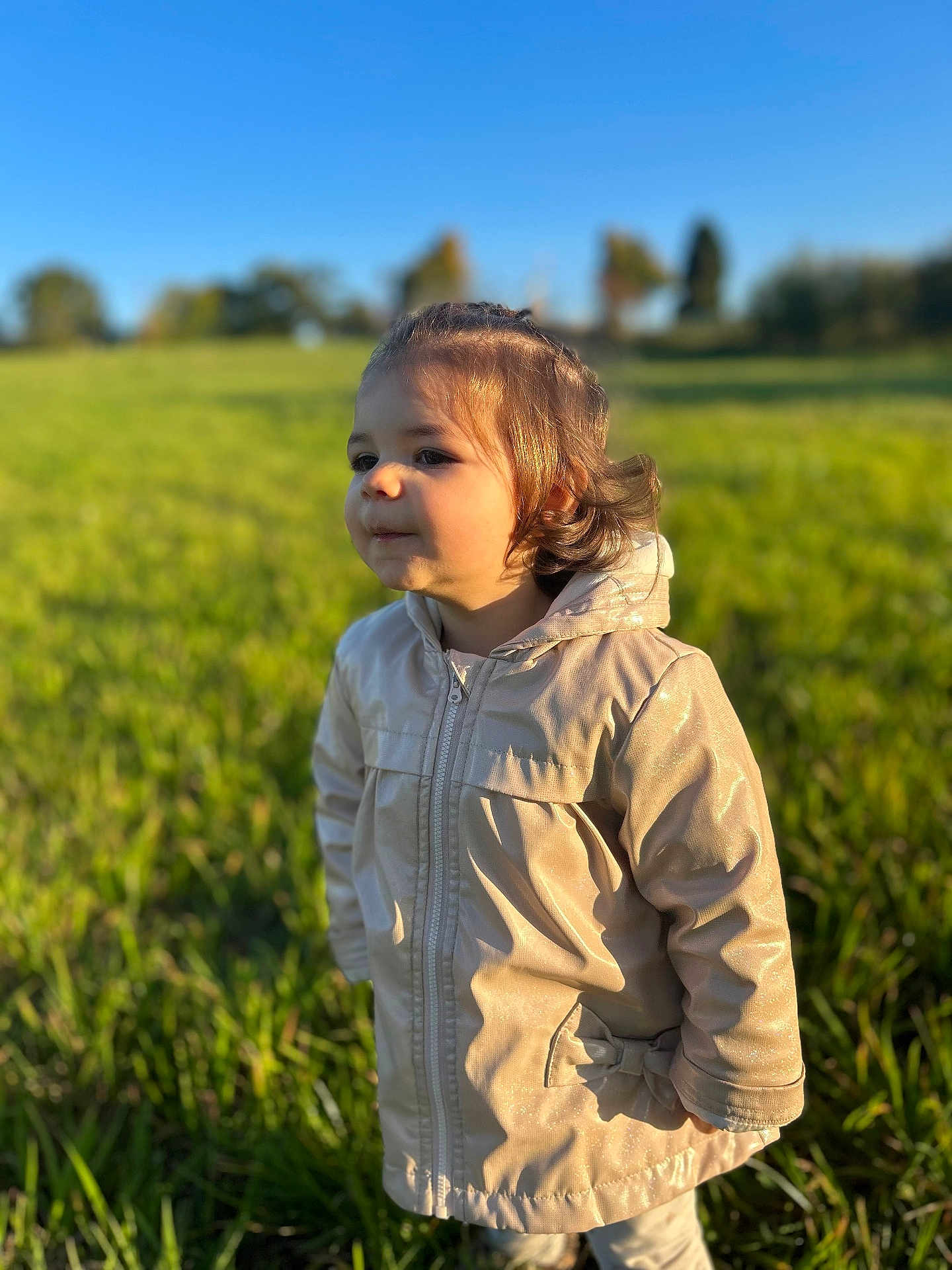 Soline a rejoint le concours — aidez-le/la à gagner de superbes lots ! toddler, child, jacket, beige, outdoor, field, grass, sunlight, blue_sky, curly_hair, portrait, person, nature, daylight, young_child, cute, happy, standing, clothing, warm_clothes