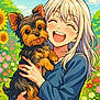 Aimie a rejoint le concours — aidez-le/la à gagner de superbes lots ! anime, blue_sweater, cartoon, colorful, cute, dog, flower_garden, girl, grass, happy, holding, illustration, joyful, nature, outdoor, pet, smiling, sunflower, sunny, white_hair