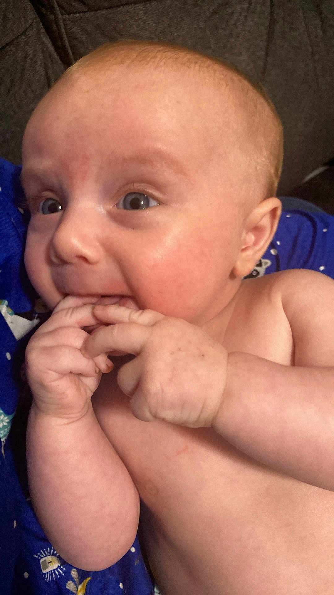 Benjamin May is registered to the contest to win money with this photo: baby, infant, child, face, hand, fingers, skin, eyes, cheeks, curious, closeup, portrait, expression, resting, blue_clothing, pattern, indoor, cute, young, human