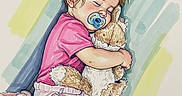 Brianna joined the competition — help win amazing prizes! artwork, baby, bunny, child, cuddling, cute, diaper, drawing, illustration, nap, pacifier, pastel_colors, peaceful, pink_shirt, resting, sleeping, soft_toy, stuffed_animal, toddler, young_child