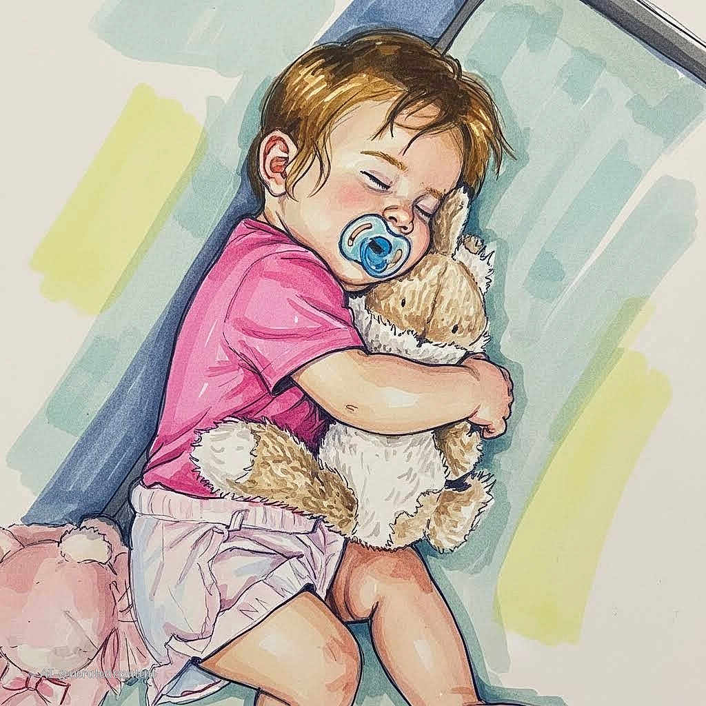 Brianna joined the competition — help win amazing prizes! child, toddler, sleeping, pacifier, stuffed_animal, bunny, illustration, drawing, pink_shirt, diaper, cuddling, soft_toy, cute, resting, pastel_colors, baby, peaceful, artwork, young_child, nap