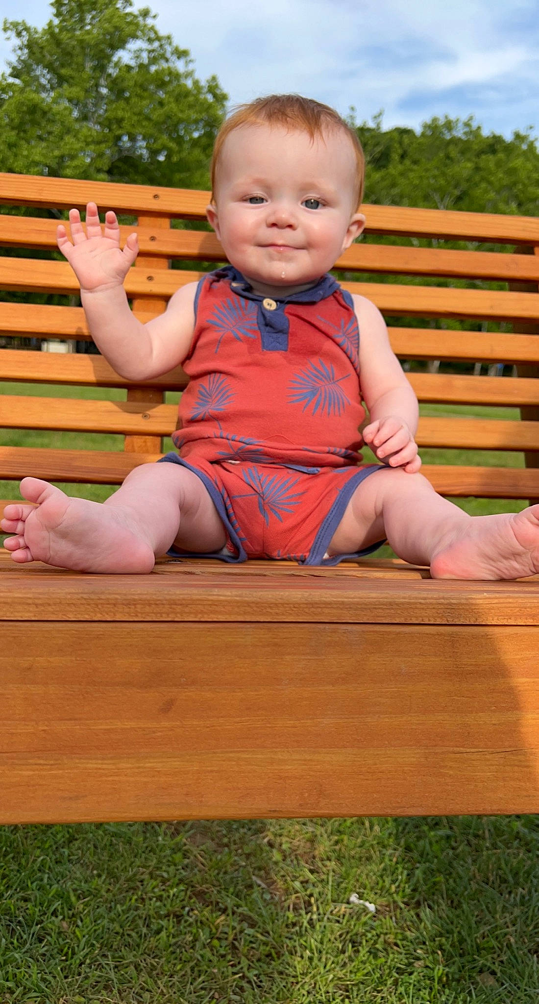 Rowen joined the competition — help win amazing prizes! baby_toddler_clothing, barefoot, cheek, child, facial_expression, finger, fun, grass, happy, joy, leisure, person, pink, skin, sky, smile, standing, summer, t_shirt, thumb