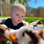 Ivar joined the competition — help win amazing prizes! baby, blanket, blue_eyes, child, clothing, cute, daylight, expression, face, fence, grass, head, infant, nature, outdoor, portrait, soft_focus, sunlight, warm, young