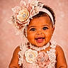 baby, child, smiling, portrait, flower, headband, dress, pearl, beads, lace, happy, cute, infant, fashion, accessory, girl, closeup, studio, adorable, celebration