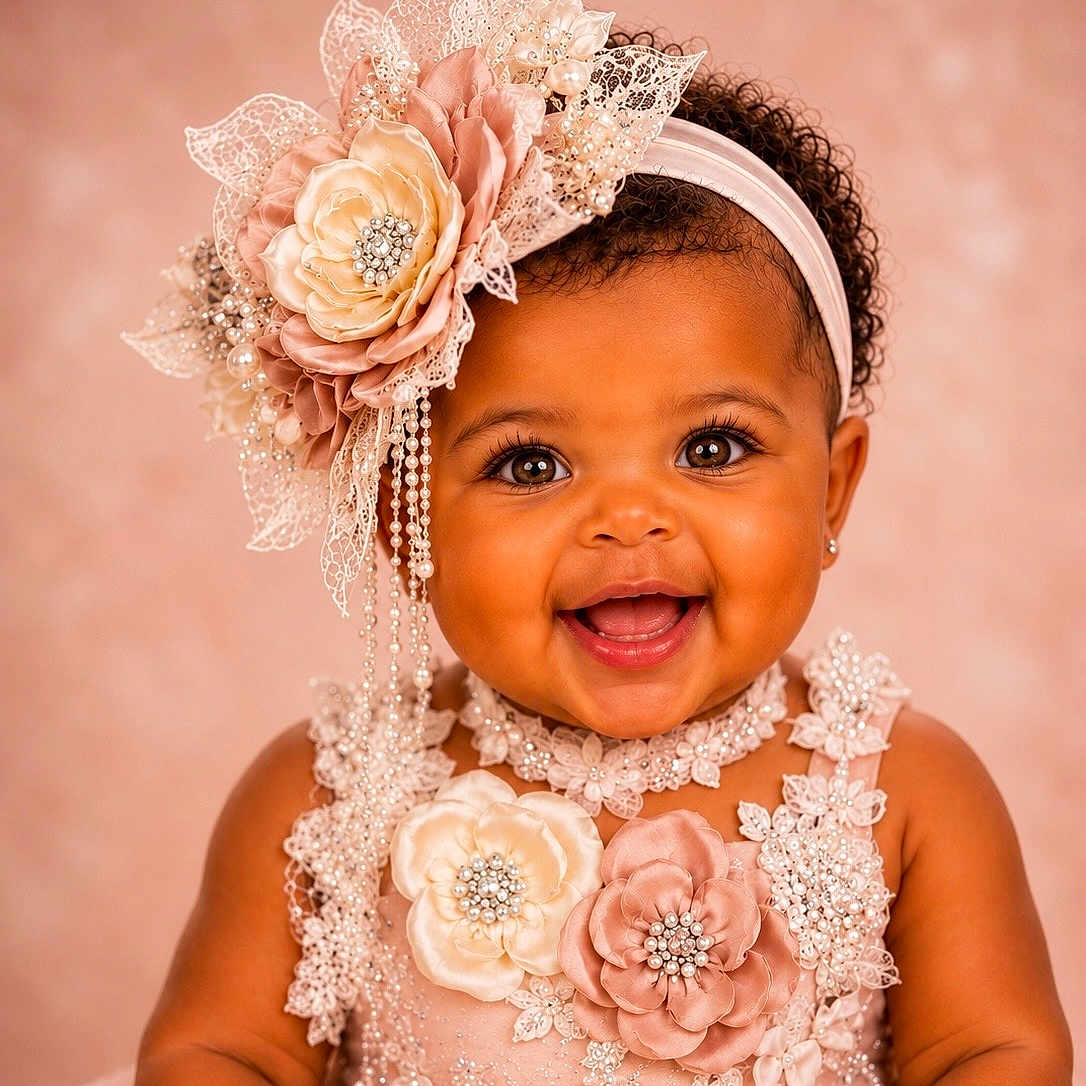 Maci is registered to the contest to win money with this photo: baby, child, smiling, portrait, flower, headband, dress, pearl, beads, lace, happy, cute, infant, fashion, accessory, girl, closeup, studio, adorable, celebration