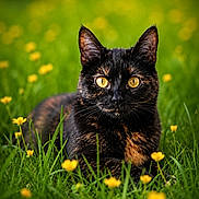 Cappuccilo participe au concours pour gagner de l'argent avec cette photo : cat, tortoiseshell_cat, animal, pet, grass, yellow_flowers, nature, outdoor, greenery, meadow, closeup, feline, cute, portrait, sitting, whiskers, eyes, fur, wildlife, relaxing