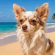 Mou a rejoint le concours — aidez-le/la à gagner de superbes lots ! dog, chihuahua, long_hair, beach, sand, ocean, waves, palm_trees, sky, sunny, outdoor, pet, animal, close_up, portrait, nature, summer, vacation, tropical, cute