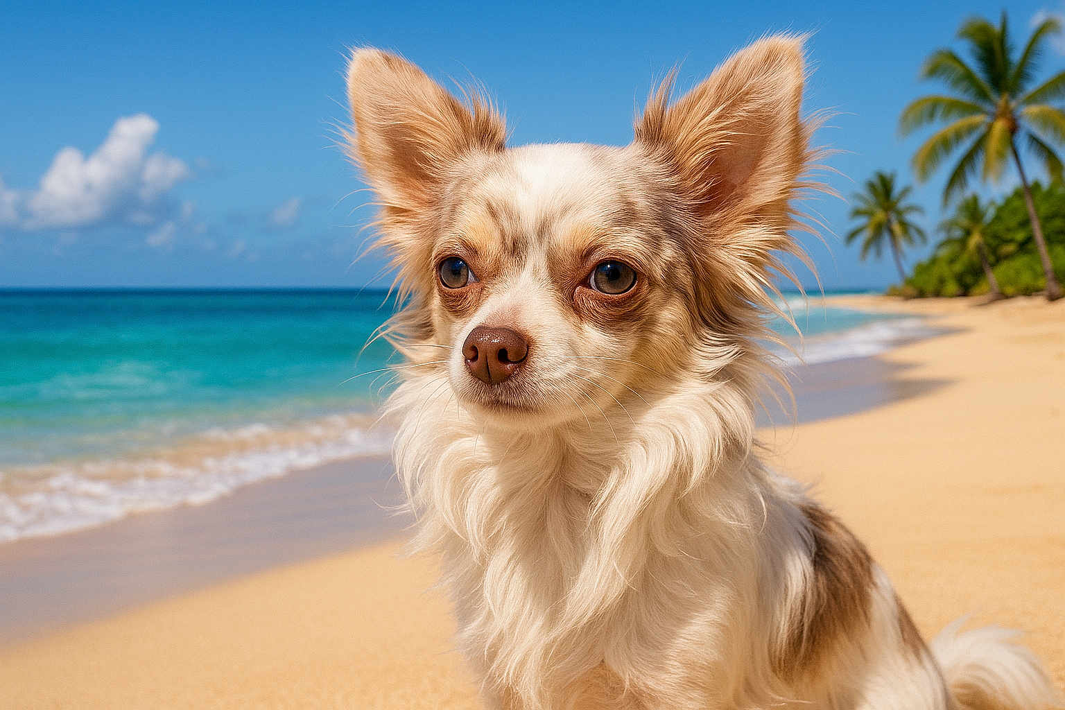 Mou a rejoint le concours — aidez-le/la à gagner de superbes lots ! dog, chihuahua, long_hair, beach, sand, ocean, waves, palm_trees, sky, sunny, outdoor, pet, animal, close_up, portrait, nature, summer, vacation, tropical, cute