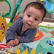 Ethan joined the competition — help win amazing prizes! baby, child, play_mat, toys, striped_clothing, indoor, curious, face, infant, colorful, playpen, hand, smiling, cute, young, person, floor, activity, bright, happy