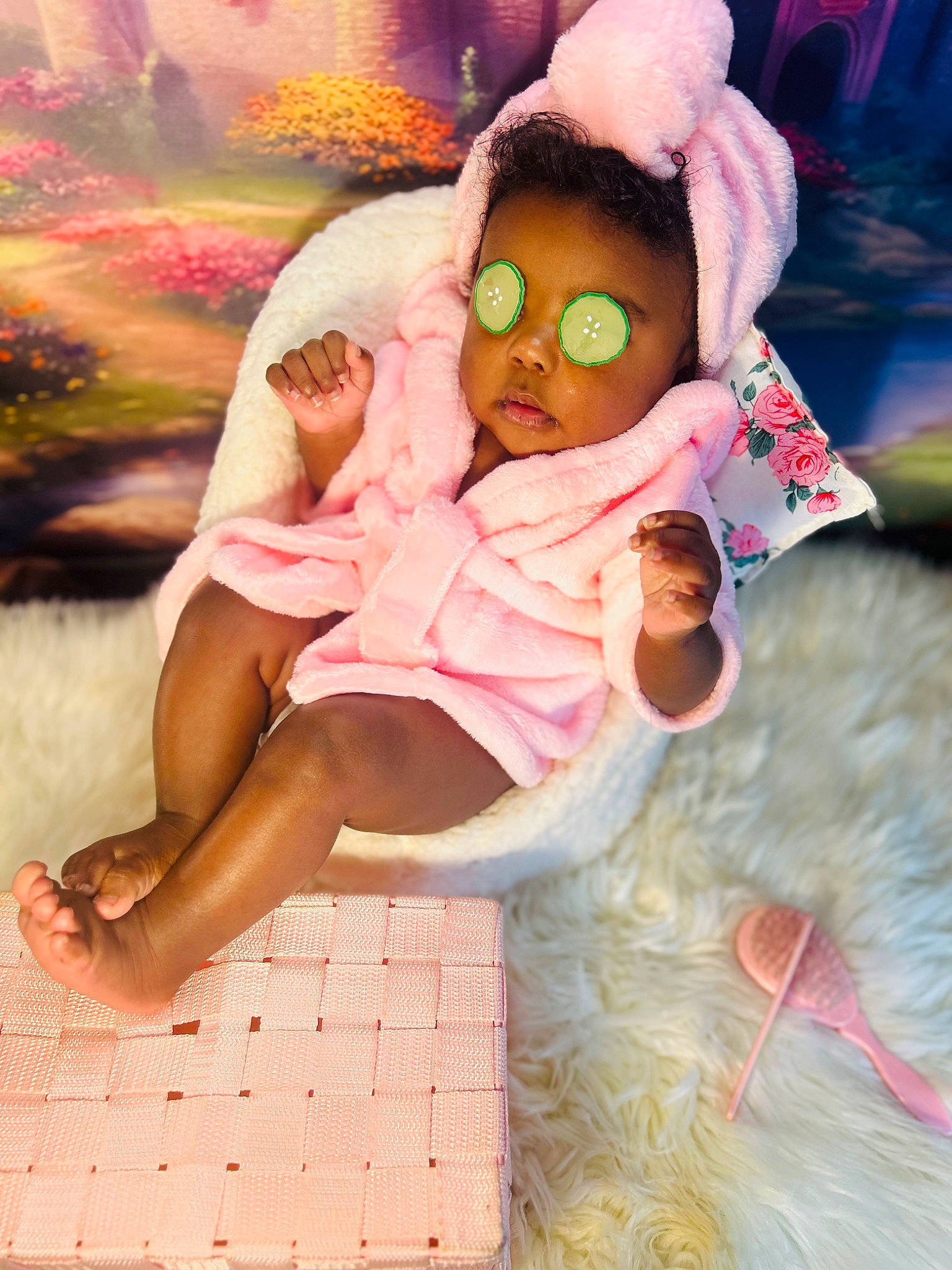 Dior is registered to the contest to win money with this photo: baby, baby_toddler_clothing, eyewear, foot, glasses, goggles, grass, happy, human_leg, leisure, magenta, person, pink, plant, sitting, skin, stuffed_toy, sunglasses, teddy_bear, thigh