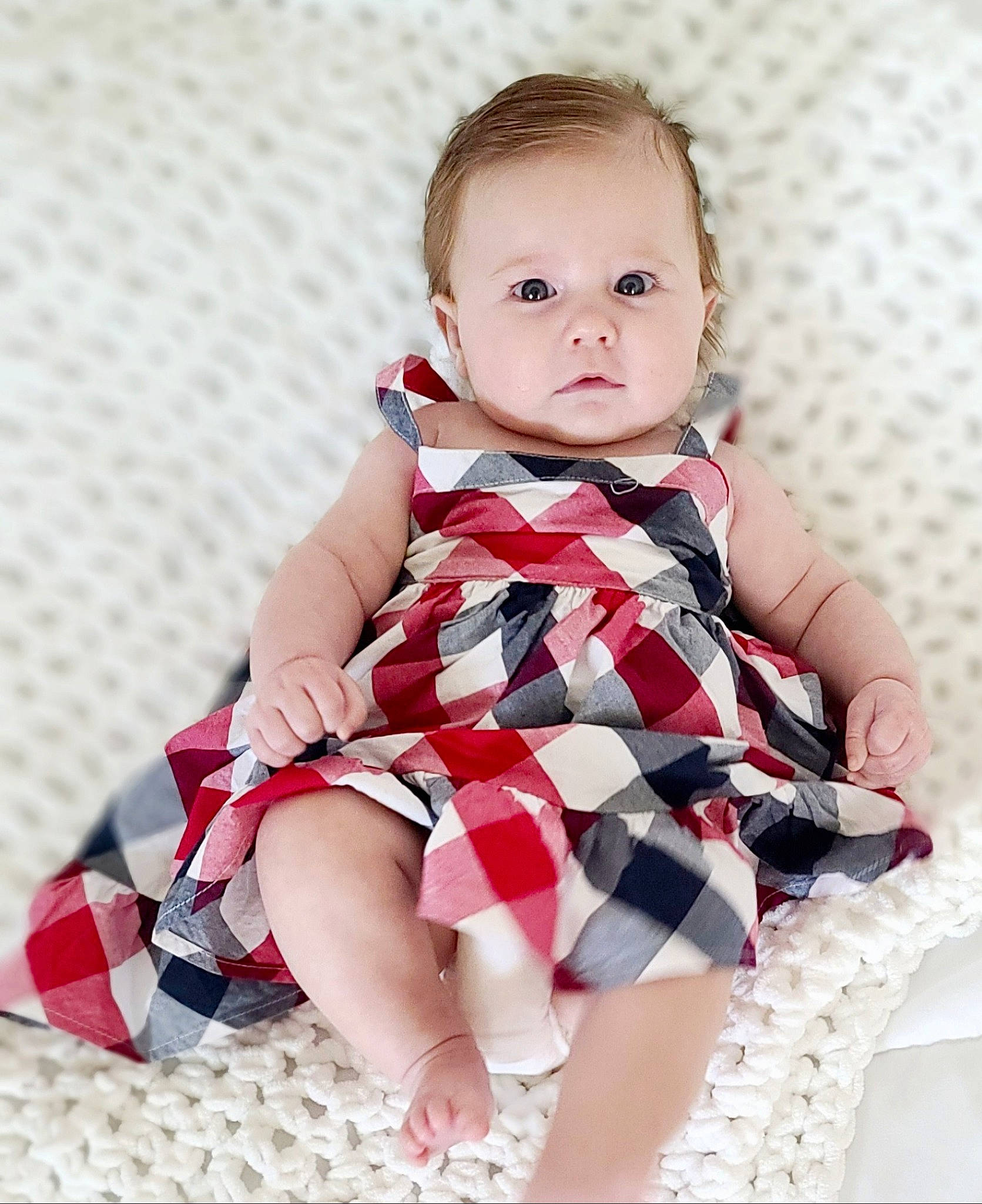 Olivia joined the competition — help win amazing prizes! baby, baby_toddler_clothing, child, collar, day_dress, dress, dress_shirt, finger, happy, neck, one_piece_garment, pattern, person, pink, plaid, product, skin, sleeve, textile, thigh