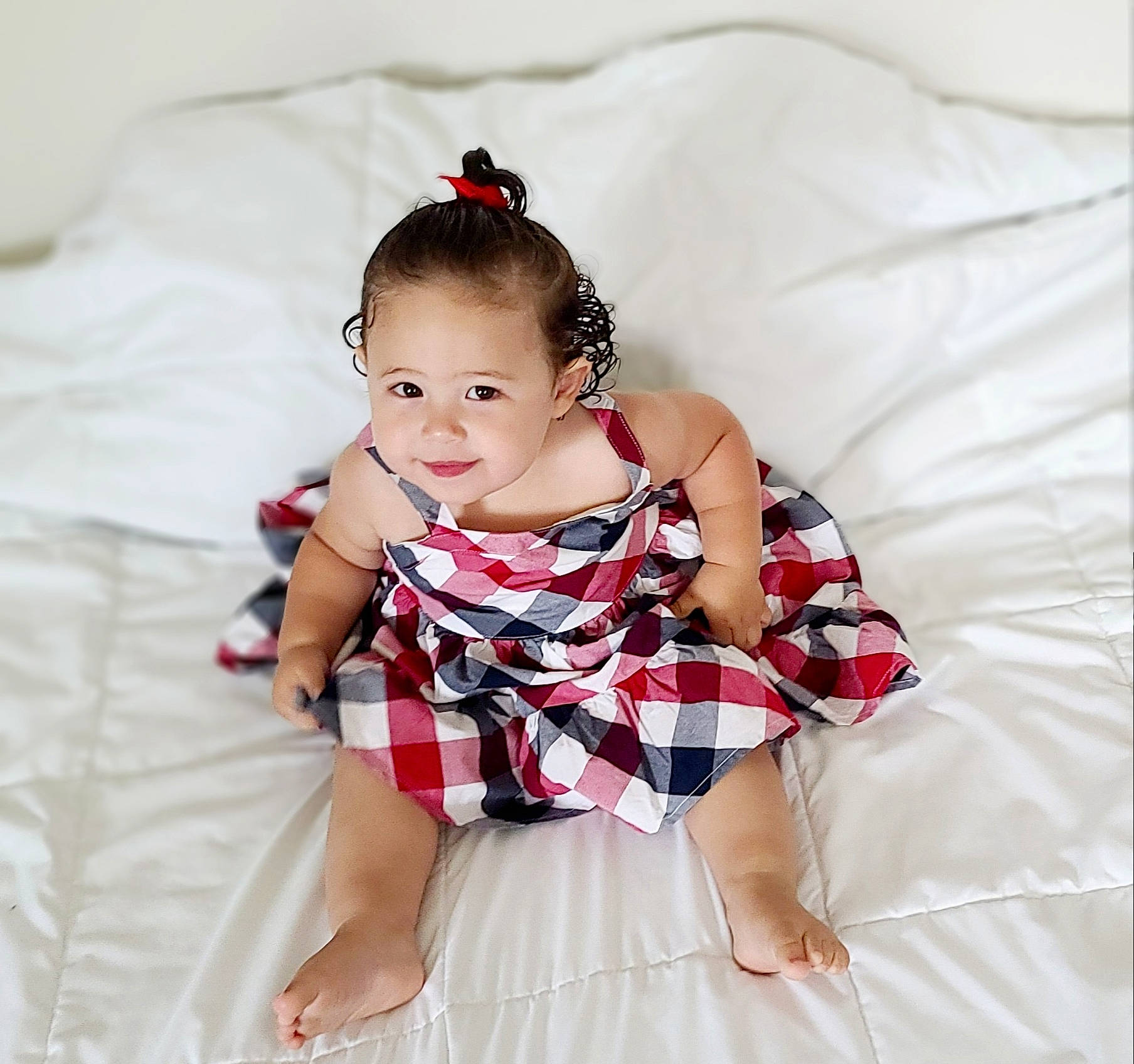 Ember joined the competition — help win amazing prizes! baby_toddler_clothing, collar, comfort, day_dress, dress, fashion_accessory, fashion_design, formal_wear, happy, head, human_leg, linens, one_piece_garment, pattern, person, pink, plaid, sleeve, tartan, toddler