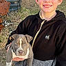 animal, black_jacket, brown_dog, child, closeup, dog, dry_grass, grass, holding, hoodie, outdoor, pet, pit_bull_type, planter, portrait, puppy, rusty_metal, smiling, sunlight, zipper