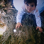Kayla participe au concours pour gagner de l'argent avec cette photo : child, tree, bark, white_clothing, lace, outdoor, forest_floor, nature, curious, climbing, young_child, portrait, hands, face, eyes, daylight, texture, wood, person, innocence