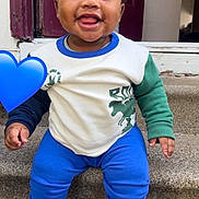 Jakarrbin joined the competition — help win amazing prizes! baby, blue, child, clothing, door, happy, heart, infant, outdoor, pacifier, pants, photography, portrait, sitting, smiling, sneakers, stairs, steps, sweater, toy