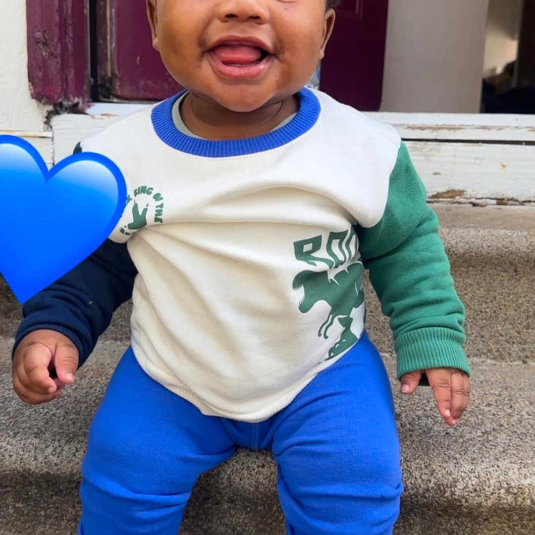 Jakarrbin joined the competition — help win amazing prizes! baby, blue, child, clothing, door, happy, heart, infant, outdoor, pacifier, pants, photography, portrait, sitting, smiling, sneakers, stairs, steps, sweater, toy