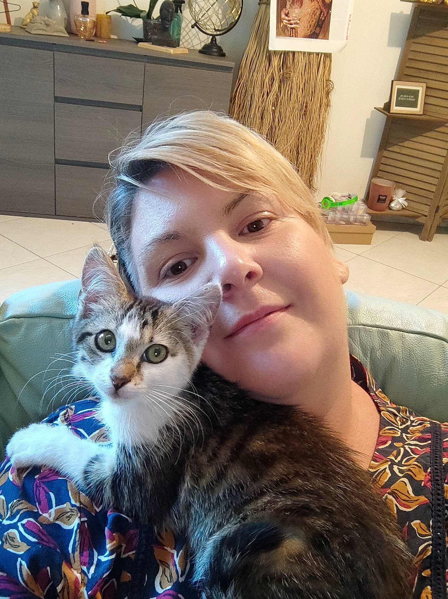 Coton a rejoint le concours — aidez-le/la à gagner de superbes lots ! cabinetry, carnivore, cat, claw, comfort, couch, domestic_short_haired_cat, ear, eyelash, fawn, felidae, fur, happy, iris, lap, picture_frame, selfie, sitting, small_to_medium_sized_cats, whiskers