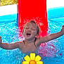 child, water, pool, slide, splash, happy, summer, outdoor, play, fun, yellow_flower_emoji, joy, swimming, arms_outstretched, daylight, wet_hair, blue_water, red_slide, person, smile