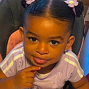 Payton joined the competition — help win amazing prizes! toddler, child, girl, hair_buns, hair_accessories, flower, purple_shirt, high_chair, tongue_out, pointing, cute, smiling, indoors, face, eyes, person, baby, curly_hair, earrings, playful