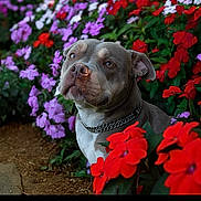 Kyra participe au concours pour gagner de l'argent avec cette photo : animal, canine, chain_collar, closeup, colorful, cute, dog, flora, flower, garden, greenery, nature, outdoor, peaceful, pet, portrait, purple_flower, red_flower, sitting, white_flower
