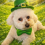 Yoshi joined the competition — help win amazing prizes! dog, white_dog, green_hat, green_bow_tie, clover_field, outdoor, sunny, grass, cute, pet, portrait, fluffy, small_dog, festive, holiday, leprechaun_costume, nature, animal, summer, adorable