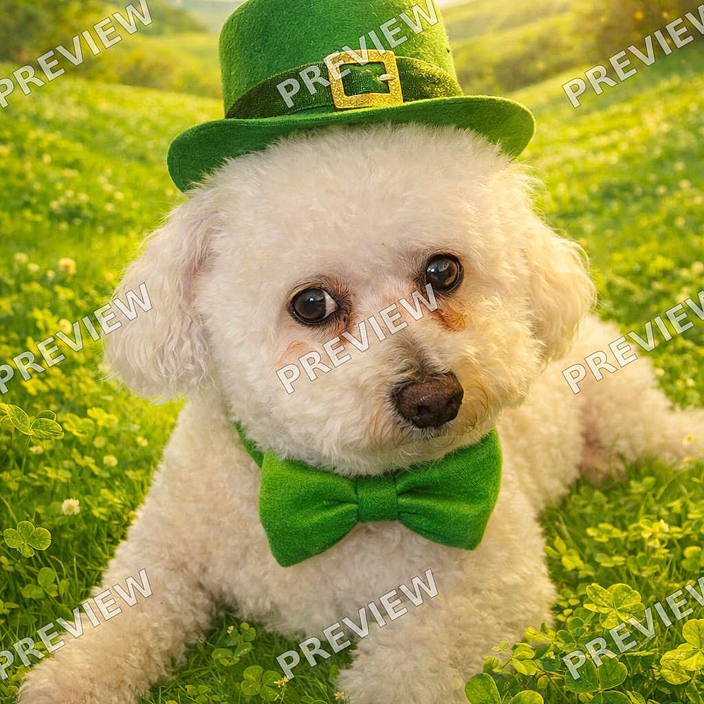 Yoshi joined the competition — help win amazing prizes! dog, white_dog, green_hat, green_bow_tie, clover_field, outdoor, sunny, grass, cute, pet, portrait, fluffy, small_dog, festive, holiday, leprechaun_costume, nature, animal, summer, adorable