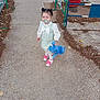 child, toddler, pacifier, stuffed_toy, blue_elephant, hair_buns, dress, white_tights, pink_shoes, pavement, fence, leaves, outdoor, playground, toy, person, young_child, cute, walking, daylight