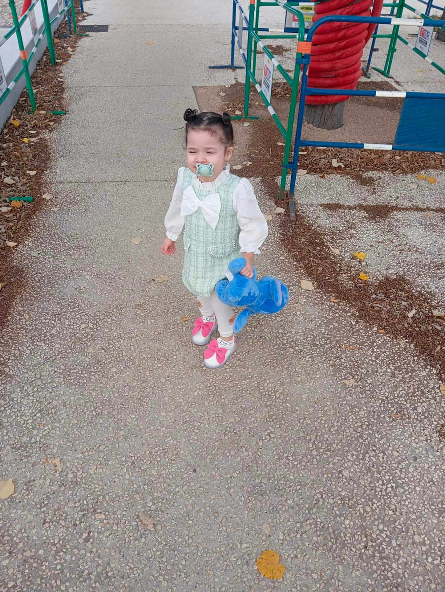 Dilara a rejoint le concours — aidez-le/la à gagner de superbes lots ! child, toddler, pacifier, stuffed_toy, blue_elephant, hair_buns, dress, white_tights, pink_shoes, pavement, fence, leaves, outdoor, playground, toy, person, young_child, cute, walking, daylight