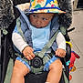 toddler, child, stroller, hat, dinosaur_pattern, jacket, fur_hood, bracelet, sneakers, white_shoes, blue_clothing, toy, floor, indoor, baby, seatbelt, curious, person, infant, portrait