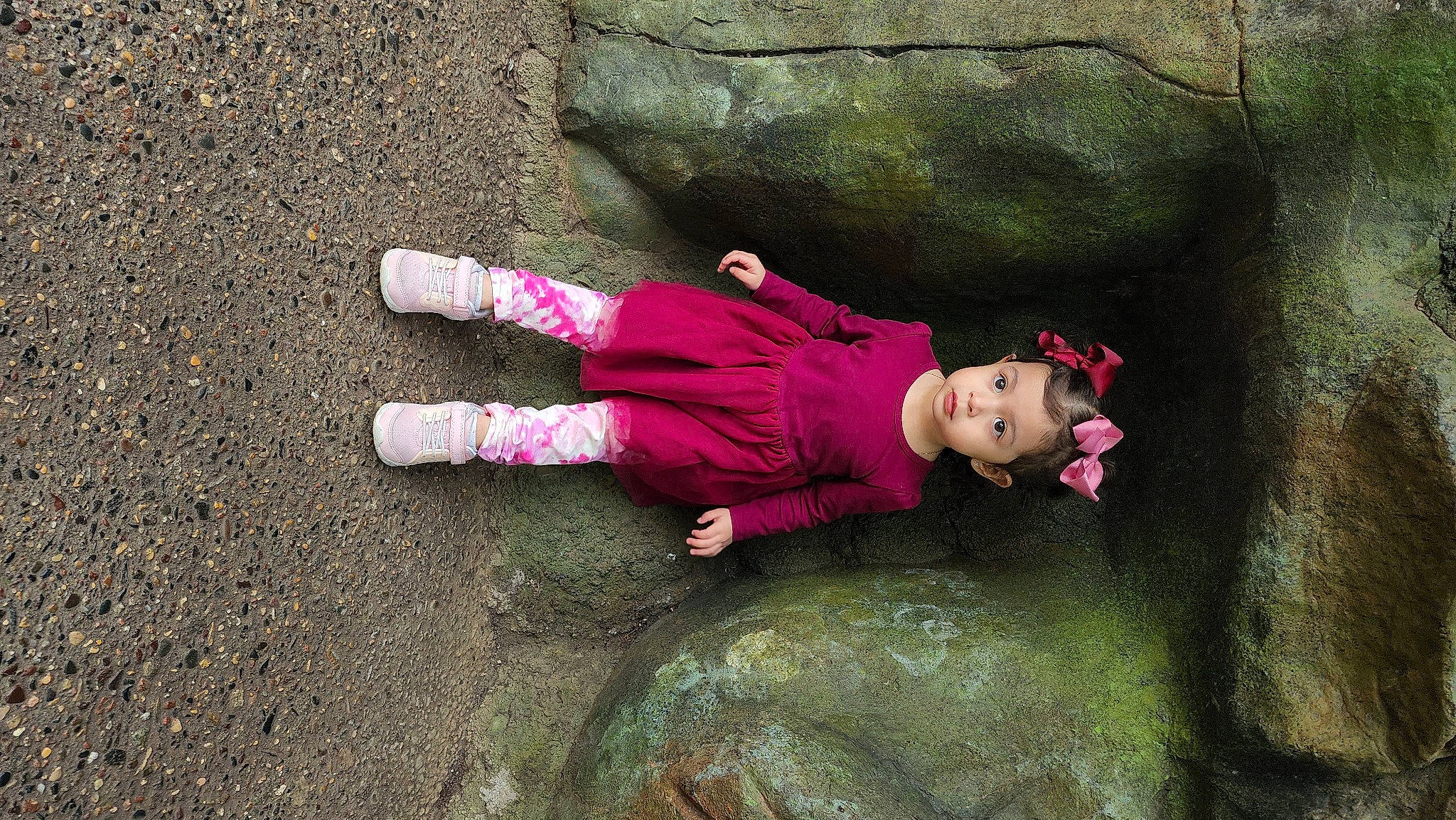 Mia is registered to the contest to win money with this photo: adventure, asphalt, carmine, child, concrete, doll, fun, grass, landscape, leisure, magenta, mammal, people_in_nature, person, pink, recreation, sidewalk, soil, toddler, toy