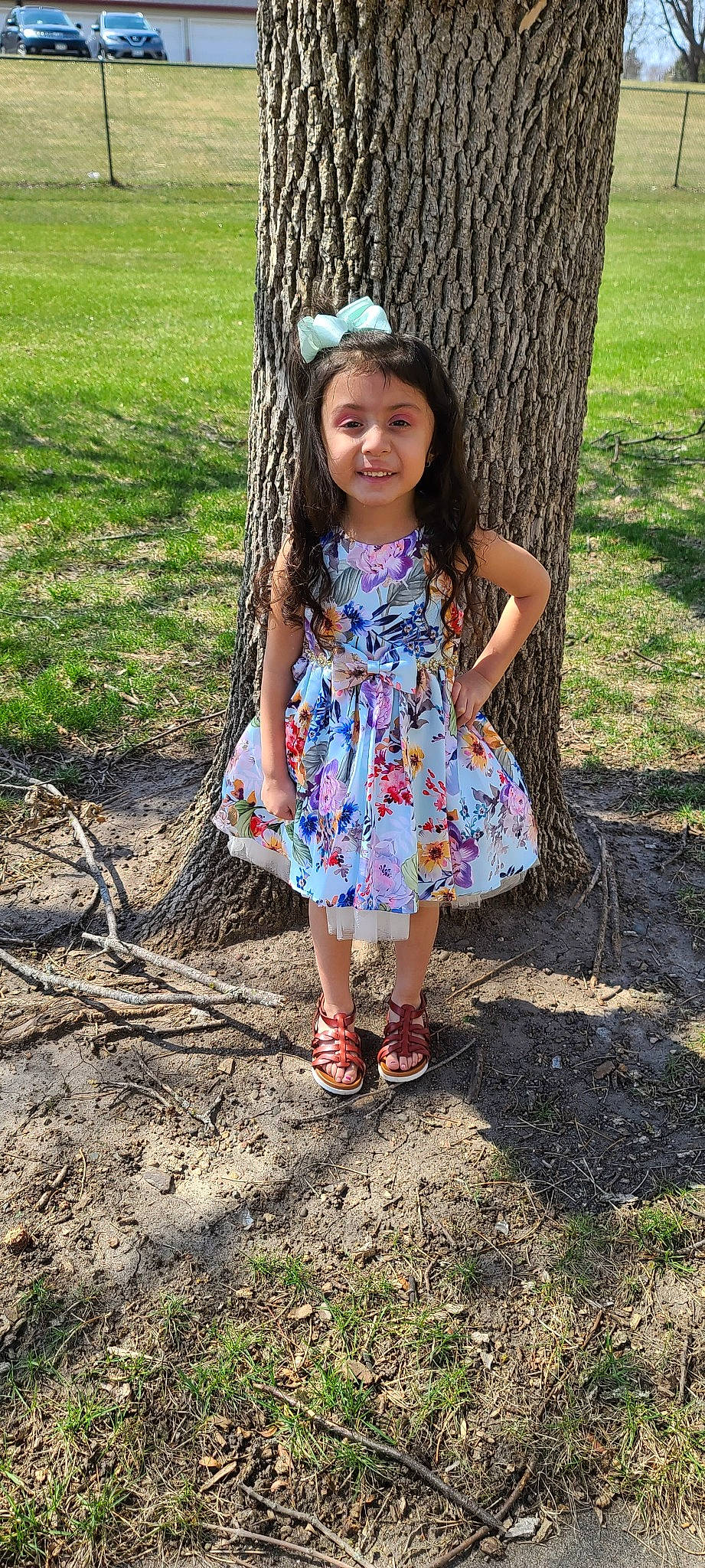 Brisa is registered to the contest to win money with this photo: botany, branch, dress, eye, fawn, footwear, grass, happy, joy, leaf, nature, people_in_nature, person, plant, shoe, smile, toddler, tree, trunk, waist