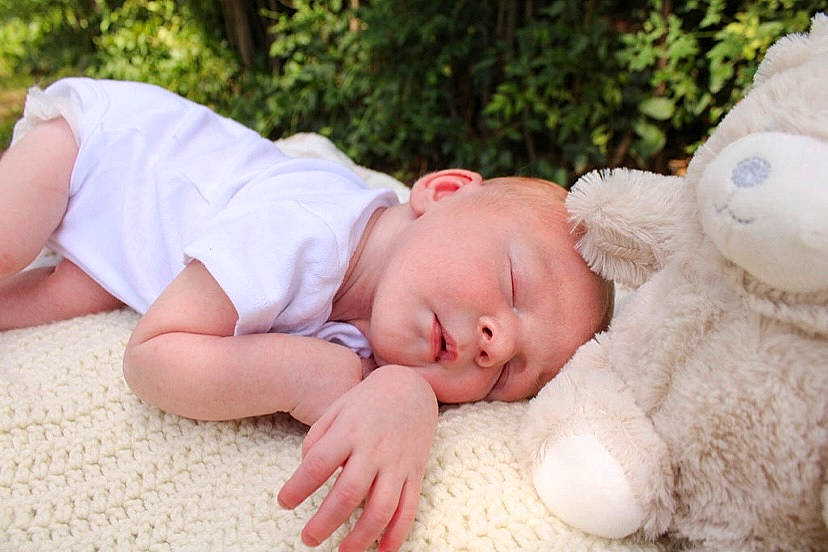 Jordan is registered to the contest to win money with this photo: baby, baby_sleeping, baby_toddler_clothing, child, comfort, fur, grass, happy, headgear, linens, pattern, people_in_nature, person, plant, sitting, stuffed_toy, toddler, toy, tree, wood