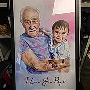 Liliana is registered to the contest to win money with this photo: watercolor_painting, portrait, elderly_man, toddler, frame, artwork, smile, child, grandfather, love_message, indoor, chair, shelf, box, clutter, face, person, holding, purple_shirt, white_shirt