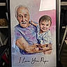 watercolor_painting, portrait, elderly_man, toddler, frame, artwork, smile, child, grandfather, love_message, indoor, chair, shelf, box, clutter, face, person, holding, purple_shirt, white_shirt