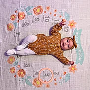 Espyn joined the competition — help win amazing prizes! baby, infant, child, milestone_blanket, floral_pattern, onesie, tights, headband, lying_down, floor, months, numbers, orange, white, cute, portrait, smiling, decor, growth, celebration