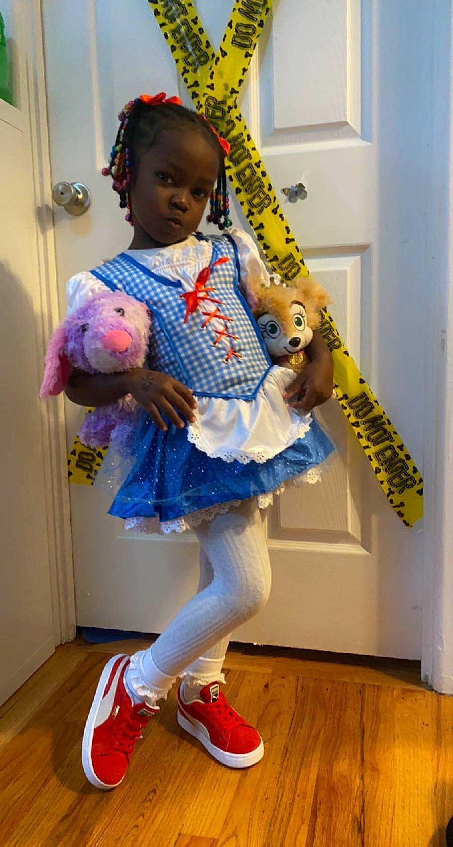 Madyson joined the competition — help win amazing prizes! baby_toddler_clothing, boot, child, costume, door, electric_blue, event, fashion_design, fun, happy, human_leg, knee, magenta, pattern, person, purple, room, thigh, toddler, white