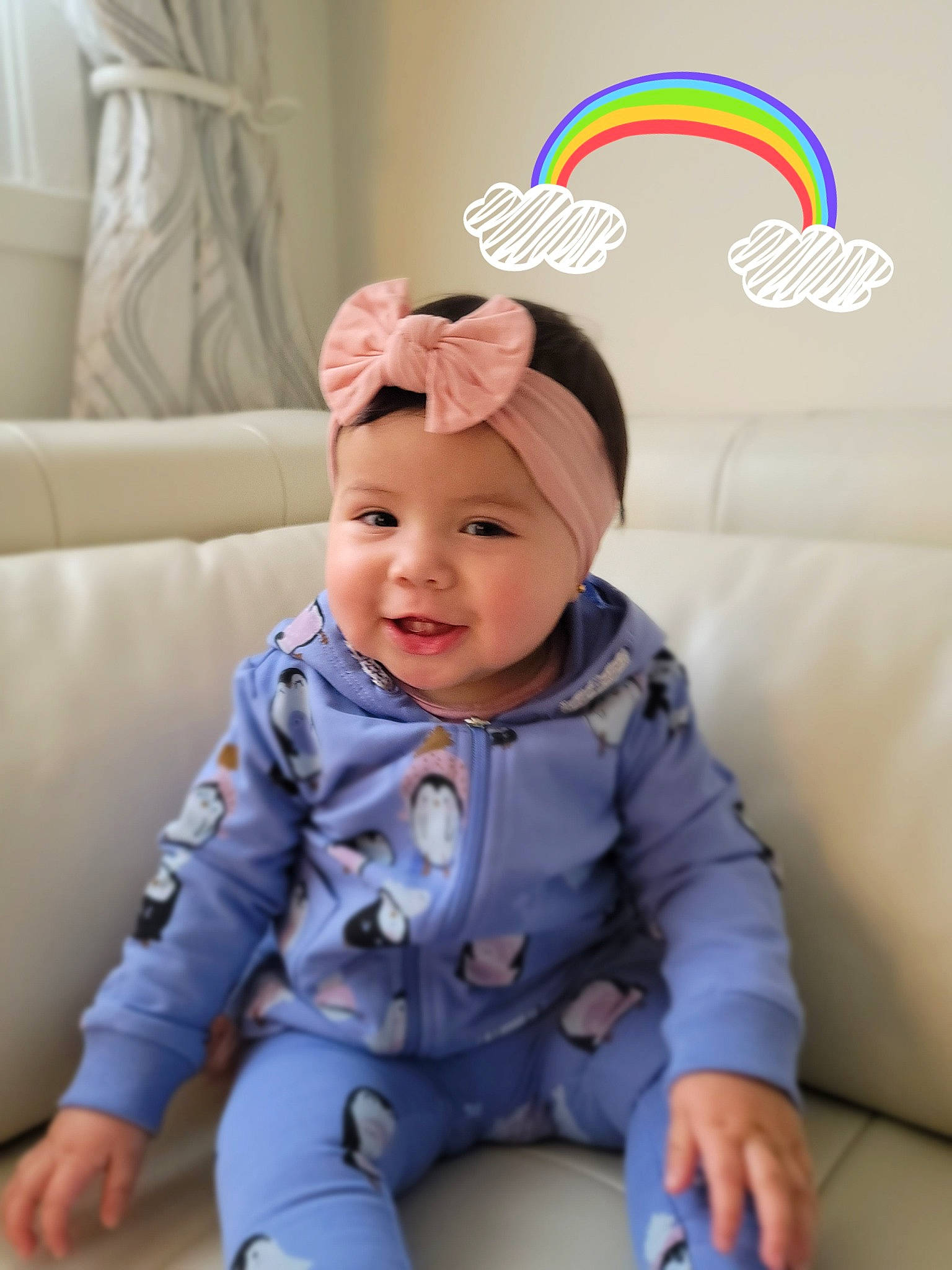 Charlotte is registered to the contest to win money with this photo: baby, baby_laughing, baby_toddler_clothing, bonnet, candy, child, comfort, confectionery, costume_accessory, couch, curtain, headwear, joy, living_room, mouth, person, sitting, slipcover, sofa_bed, throw_pillow