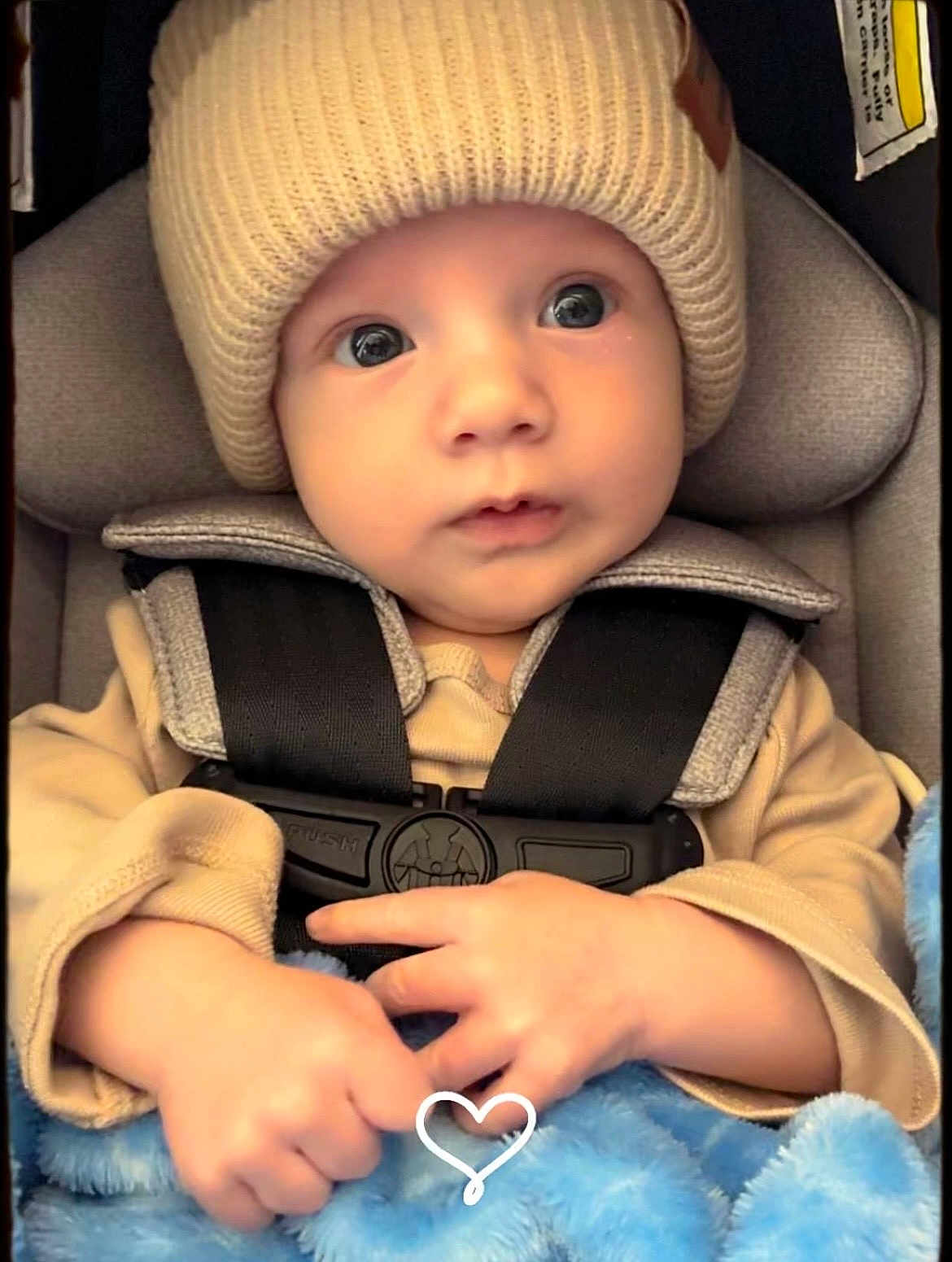 River joined the competition — help win amazing prizes! baby, infant, beanie, hat, car_seat, seat_belt, buckle, straps, blanket, blue_blanket, hands, wide_eyes, face, close_up, portrait, cute, baby_clothing, padded_headrest, sticker_heart, soft_texture