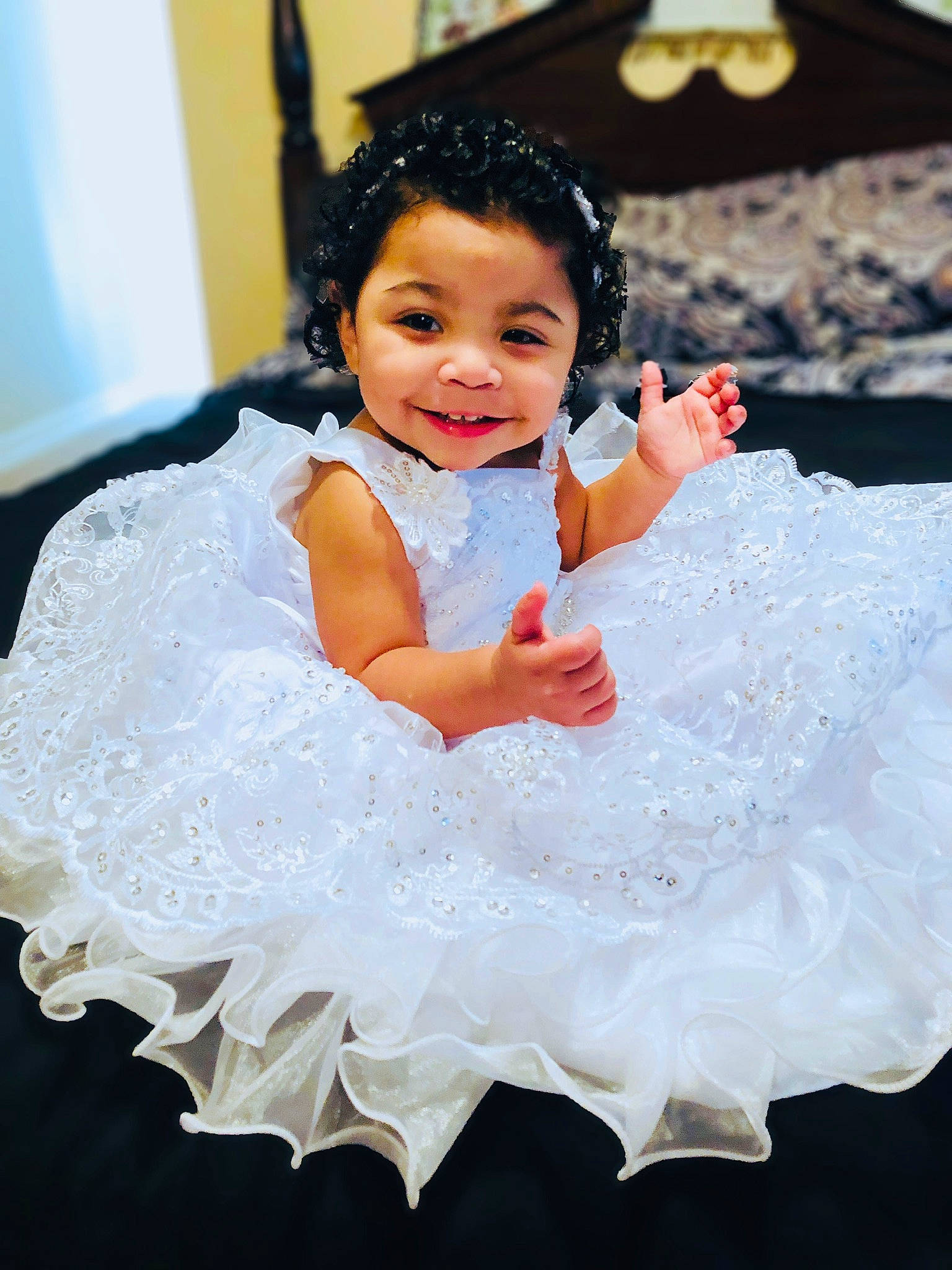 Genevieve is registered to the contest to win money with this photo: baby, baby_toddler_clothing, bridal_clothing, dress, embellishment, eye, face, flash_photography, hair, hairstyle, happy, head, headpiece, iris, joy, outerwear, person, pink, skin, smile