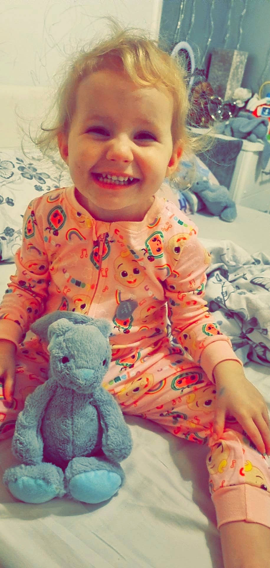 Mckenna-mae Grace is registered to the contest to win money with this photo: arm, baby_toddler_clothing, blue, cheek, eye, face, green, hand, happy, head, iris, joy, mouth, nose, organ, person, photograph, product, skin, sleeve