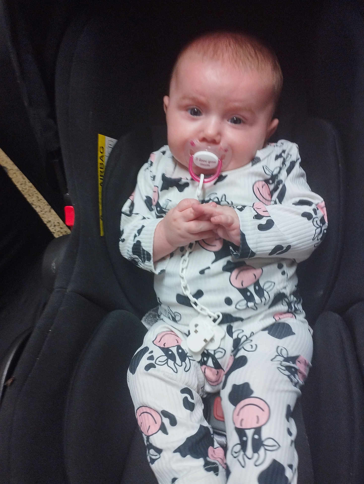 Lya a rejoint le concours — aidez-le/la à gagner de superbes lots ! baby, infant, car_seat, pacifier, onesie, cow_print, child, cute, sitting, indoor, clothing, person, seat, baby_clothes, holding, face, head, hands, comfort, young