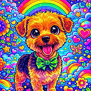 Max participe au concours pour gagner de l'argent avec cette photo : dog, cartoon, illustration, rainbow, stars, hearts, butterflies, flowers, colorful, psychedelic, bow_tie, happy, smiling, cute, fantasy, mushrooms, clouds, night_sky, moon, bright