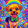 dog, cartoon, illustration, rainbow, stars, hearts, butterflies, flowers, colorful, psychedelic, bow_tie, happy, smiling, cute, fantasy, mushrooms, clouds, night_sky, moon, bright